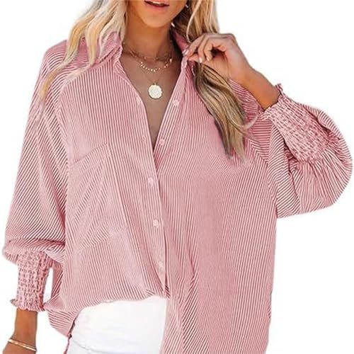 Randig skjorta Dam,Randskjorta Dam Mode Pojkvän Blusar Manschettskjortor | Långärmad Casual Business Pocket Blusar för fester Semester Shopping