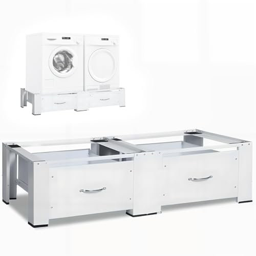 WUDLEP Double Washing Machine Base Frame with Drawer, washing machine and dryer stand, pedestal raiser, White