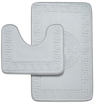GC GAVENO CAVAILIA Memory Foam Bath Mat Non Slip - Extra Soft Highly Water Absorbent Bathroom Mat Sets 2 Piece - Greek Toilet Rug (50 x 80 cm) & Pedestal Set (50 x 40 cm) - Washable - Grey