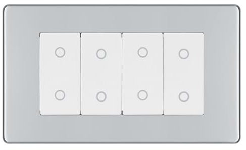 BG Nexus Screwless Polished Chrome Quad Secondary Touch Dimmer Switch White Inserts FPCTDS4W