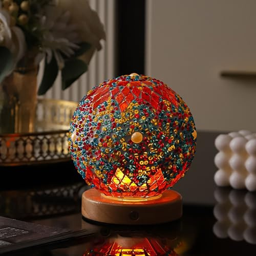 Maroc Orange Lampe de mosaïque Vintage Retro teinté turc marocain bohème Tiffany côté lit coloré verre fait à la main avec base en bois USB charge décor lumière pour chambre