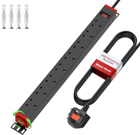 8 Way Power Strip Surge Protector with Aluminum Housing, 8 Plug Extension Lead with Switch & 360° Swivel Adjustable-Angle Wall Mount, 1.8M Cable 13A Black for Home Office