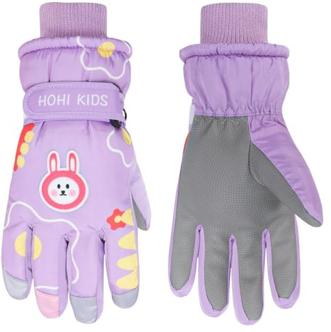 Jupsk Kids Winter Ski Gloves Waterproof Snowboard Mittens Anti Slip Plush Lined Thermal Bunny Gloves for Children Girls Boys Age 4-8 （Purple）