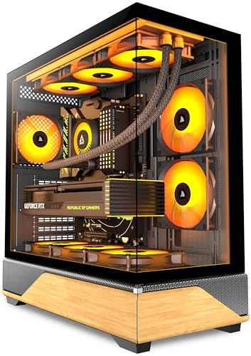 PCZZOI PC-fodral ATX 5 PWM ARGB-fläktar förinstallerade, typ-C Mid Tower datorfodral med fullvy dubbelt härdat glas, tryckta valnötsträpaneler, stöd 360 mm radiator, spelPC-fodral, svart, ny P6
