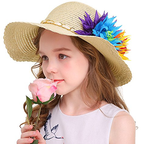 Bienvenu Kids Girls Multi-Colors Large Brim Flower Beach Straw Sun Hats,Beige