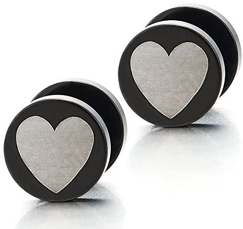 2pcs Womens Black Circle Heart Stud Earrings, Steel Cheater Fake Ear Plug Gauge Illusion Tunnel