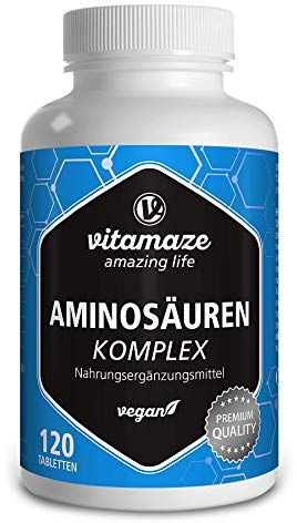 Vitamaze® EAA Aminoacidi Essenziali con BCAA +10.000 mg ad Alto Dosaggio Aminoacido Complesso Vegan, 120 Compresse con 8 Amminoacidi Essenziali e Aminoacidi Ramificati. Qualitá Tedesca.
