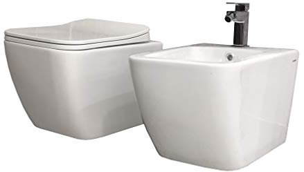 Coppia Sanitari Sospesi Rimless senza brida linea squadrata dimensioni ridotte coprivaso soft-close