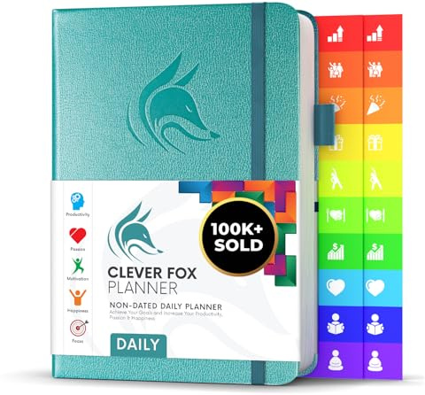 Agenda quotidien Clever Fox - Le meilleur agenda et calendrier quotidien pour stimuler la productivité, le bonheur et atteindre vos objectifs - Organisateur - A5, non daté - Bleu Vert