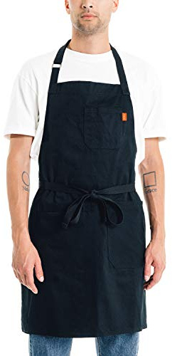 Caldo Daily Cotton Kitchen Apron for Cooking- Mens and Womens Professional Chef or Server Bib Apron - Adjustable Straps with Pockets and Towel Loop (Black)