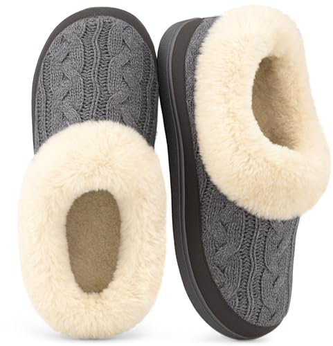 VeraCosy Ladies' Warm Knitted Faux Suede Memory Foam Moc Slippers Winter Cashmere Collar House Shoes Grey,4 UK