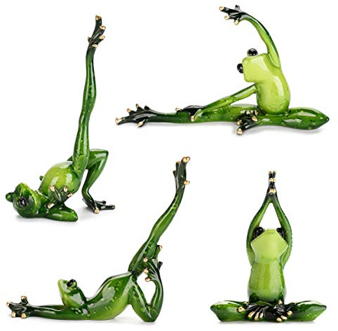 JUXYES Set of 4 Creative Resin Yoga Frogs Figurine Decor, 4 Different Yoga Pose Frog Sculpture Statue, Personalized Animal Collectible Figurines Mascot Frog Resin Crafts for Shelves Table Desk Decor