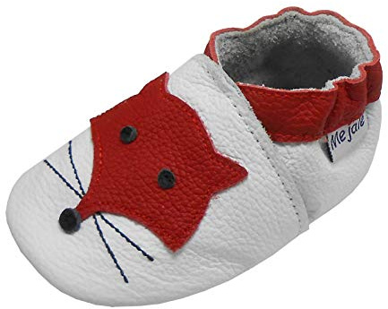 Mejale Genuine Leather Baby Shoes Infant Soft Sole Crawling Toddler Moccasins Boys Girls Cute White Fox Slippers Gift for Newborn(0-6 Months, S)