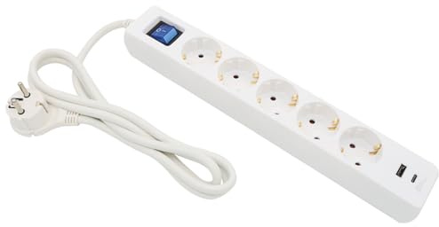 ARLI 5m Steckdosenleiste 5 fach weiß mit USB Ladebuchsen USB-A USB-C Schalter Mehrfachstecker Kinderschutz Überspannschutz flachem Winkelstecker Schutzkontakte 5-fach Mehrfachsteckdose Steckdose weiss