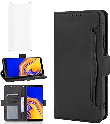 Asuwish Compatible with Samsung Galaxy J4 Plus Wallet Case and Tempered Glass Screen Protector Card Holder Credit ID Slot Phone Cover for Glaxay J4 Prime Gaxaly J4 Core J4+ 2018 Women Men Black