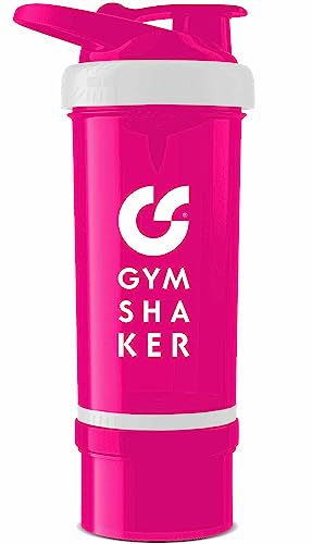 GYMSHAKER Protein Shaker mit Pulverfach 600 + 150 ml - mit Wabenstruktur-Sieb für cremige Shakes - auslaufsicher & BPA frei - Pink