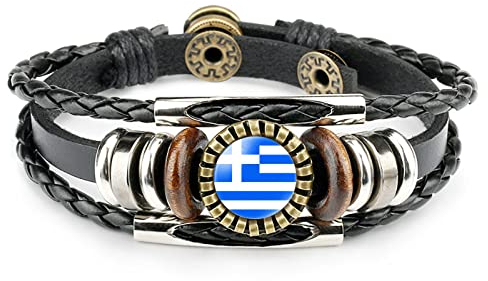 Armbänder Für Herren,Griechenland Flagge Zeit Stein Armband Geschichtet Geflochtenes Leder Armband Fußball Liebhaber Flaggenmuster Armband World Cup Schmuck Charm Schmuck Für Frauen Männer Geschenk
