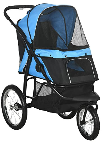 PawHut Dog Pram, Dog Stroller Jogger Foldable Pet Pushchair for Medium, Small Breeds, w/Rubber Wheels, Washable Cushion, Blue