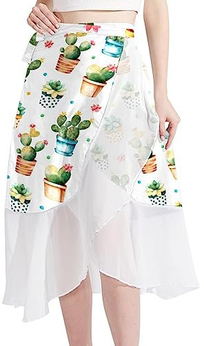 Women Beach Sarongs, Sheer Cover Ups Chiffon, Bikini Wrap Skirt for Swimwear, Fairy Palm Flower Pot