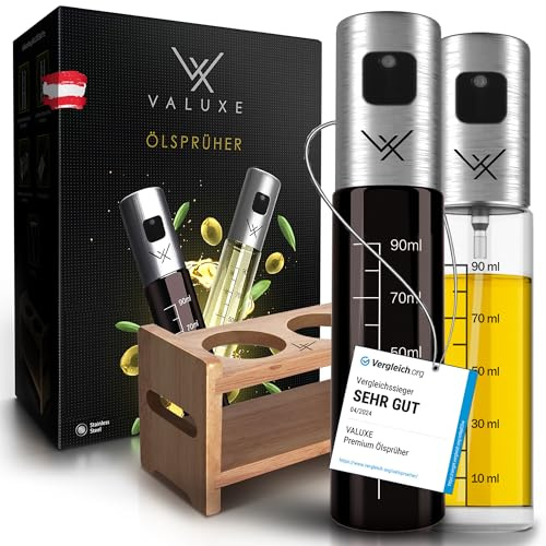 VALUXE Oljespruta för matolja och vinäger med UV-skydd glas och sprayfilter – uppsättning av 2 oljesprayflaskor i rostfritt stål inklusive hållare – exakt olivolja spruta, oljespridare, oljespridare