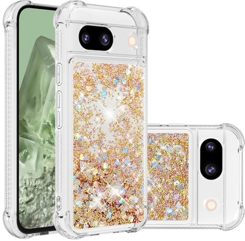 IMIRST telefonfodral kompatibelt med Google Pixel 7a Bling flytande glitter silikonskal stötsäkert Kawaii airbag skyddande fodral för Google Pixel 7a. YBW kärlek guld