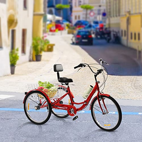 24 tum 7-växlad 3-hjuls trehjuling vuxen cykel stadscykel tricycle hopfällbar cykel shopping korg vikbar vuxen vuxen äldre vikbar cykel vikbar med LED-lampa klocka klocka grönsakskorg mugghållare röd