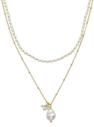 LUXENTER Collar Mujer en Aleación de Metal con Perla Blanca Color Dorado Acabado en Oro Amarillo de 18k Cierre Mosquetón Largo 42 cm + 3 cm Extensión Colgante 15 x 9 mm Modelo Subri
