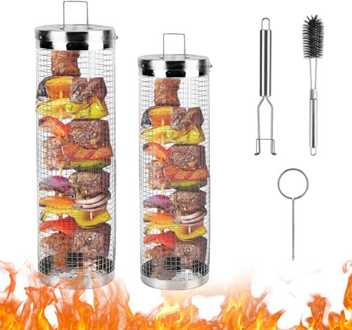 Konesky Rolling Grillkörbe, Edelstahl BBQ Grillkörbe mit Haken, Tragbarer Grillzylinderkäfig für gleichmäßig gekochtes Gemüse, Meeresfrüchte und Fleisch, Gemüserolle,Grillzubehör