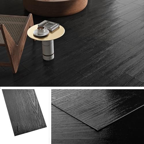 Livelynine Dicke Vinylboden Selbstklebend Fliesenoptik Schwarz 90x15CM PVC Bodenbelag Holzoptik Dunkel 36-Stück Selbstklebende Bodenfliesen Vinyl Badezimmer Klebefliesen Boden Küche Vinyl Bodenbelag
