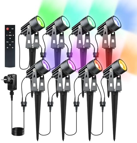 Lam(MS)pen 8 Focos LED RGBW COB Con Temporizador de Control Remoto para Jardín, Luz LED de Aluminio RGB+Blanco Cálido 3000K, 12V 24W IP65 Impermeable para Exterior