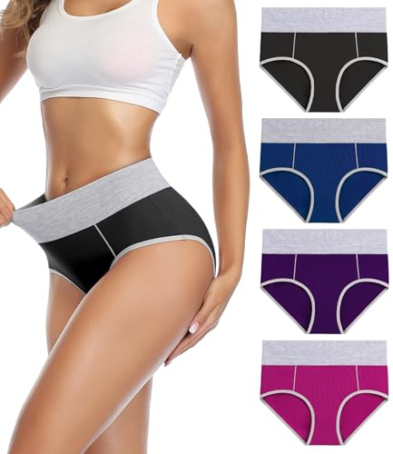 wirarpa Underwear Women High Waist Cotton Knickers Ladies Panties Full Coverage Briefs Underpants Plus Size Multicolour 4 Pack L
