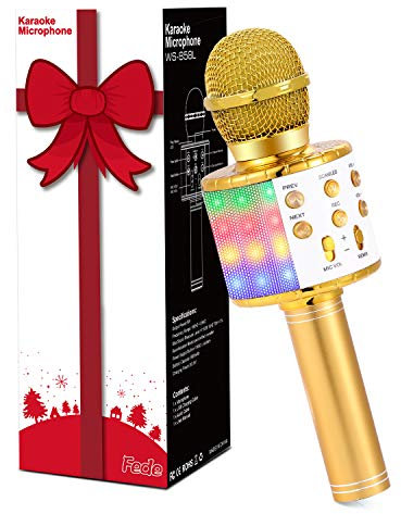 Fede Microphone Karaoké sans Fil Bluetooth avec Lumière LED Multi Couleur, Micro à Main Portable Haut-Parleur pour Enfants/Adultes Chanter, Compatible avec Android/iOS/PC/Smartphone