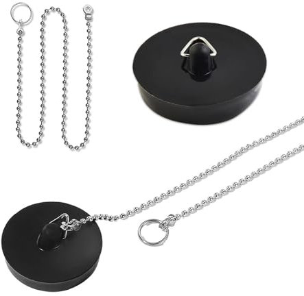 Dreamil Lot de 2 bouchons de vidange en caoutchouc avec chaîne de blocage de 18 cm - Pour baignoire, cuisine, salle de bain - 40 à 45 mm - Noir