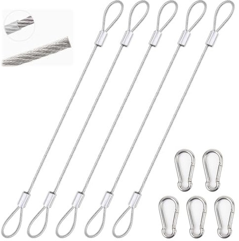 Pack of 5 Wire Rope, Steel Cable with Eyelets, Silver with Rings and Hooks, 50 cm x 2 mm Wire Rope, Safety Cable for Bicycles, Motorcycles, Door Locks, Suitcase Locks, etc