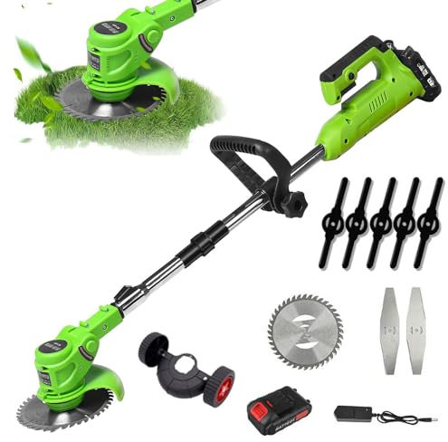 DéBroussailleuse à Batterie Electrique 21V, Coupe Bordure sans Fil avec 2x2000mah Batterie, 8 Lames, Télescopique, Roulette auxiliaire, Debrouissalleuses Batterie pour Jardin,Pelouse,Ferme (1x2000mah)
