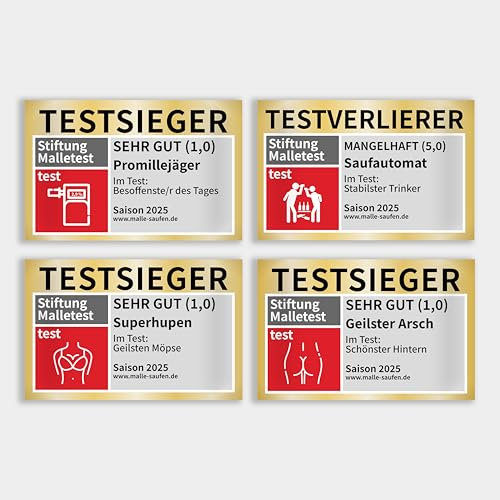 60x Malle Sticker Testsieger Set in Top-Qualität mit UV-Beschichtung | 6 Motive x 10 Sticker | 2025 Edition | TESTSIEGER Stickerset Malle Aufkleber Saufen Party Stiftung Malle Test Festival JGA Feier