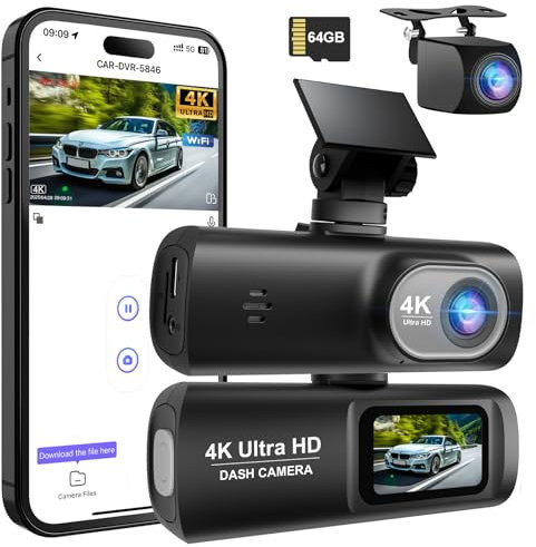 Dash Cam Auto 4k + 1080P, WiFi Dashcam Telecamera per Auto Atti Vandalici con Visione Notturna Migliorata, Sensore di Gravità, Registrazione in Loop, WDR