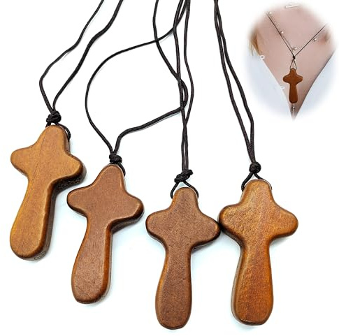 CHENNAN 4 stycken träkorshänge berlocker, tall minikors, litet träkors att be om, handgjort trähalsband med korshänge som kan bäras av män och kvinnor (brun)