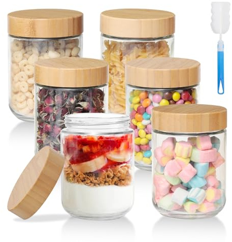 Romon Tarros de Cristal con Tapa, 6 Pack Botes de Avena Nocturna 480 ml Tarros De Vidrio Reutilizables Hermética de Rosca, Tarros de Almacenamiento Vidrio De Borosilicato para Yogur Cereales Gachas