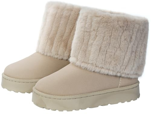 Harssidanzar Stivali da caviglia per donne d'inverno - Suola EVA, caldi con pelliccia artificiale, stivali da camminata all'aperto CL208EU, Beige, Taglia 36