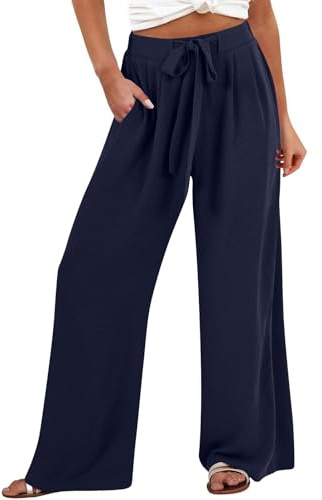 Palazzo - Pantalones holgados de pierna ancha para mujer, color puro, con nudo de moño, para caminar, cómodos, suaves, casuales, bohemios