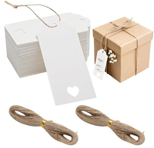 WOKICOR 200 pezzi Etichette in Carta Kraft, Etichette Regalo, Tag Regalo Cartoncino 4,5x9,5cm con Spago di Iuta 20M, per Bomboniere Natale Compleanno Artigianato, Bianco