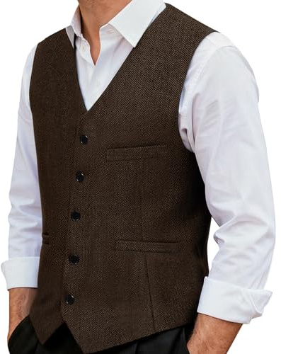 MllesReve Tweed Suit Vest Big Tall V-neck Herringbone Plus Business Vests Waistcoat for Men Brown 3XL