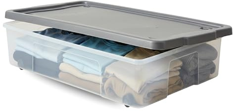 SIDSONS Clear 47L Rolling Underbed Storage Box - PLastic Container Boxes With Silver Lid & Wheels - Organizer Under Bed Stackable Bin - Space Saving For Bedroom, Home & Office