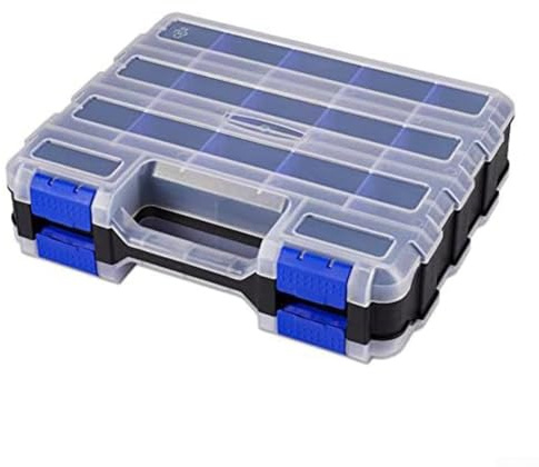 Boîte de rangement à outils double face avec 34 cloisons amovibles en polypropylène pour vis, écrous, boulons et petit matériel - Couvercle transparent, poignée supérieure, 32 x 27 x 8 cm (bleu)