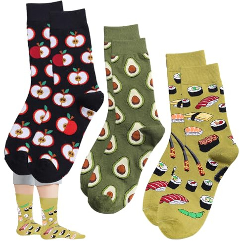 CAILI 3 par damstrumpor, roliga damstrumpor, kreativa tecknade, dessertfrukter, bomullsmönster, serietidning, avokado, sushi