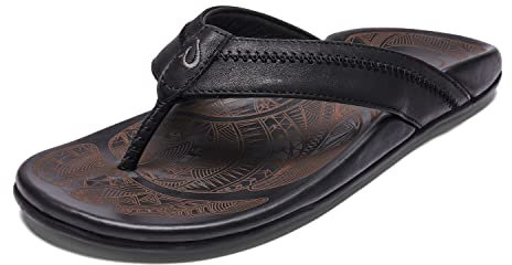 OluKai Hiapo Men's Leather Beach Sandal, Crafted Materials, Lightweight & Durable, All-Day Comfort & Support, Lava Rock/Lava Rock, 14