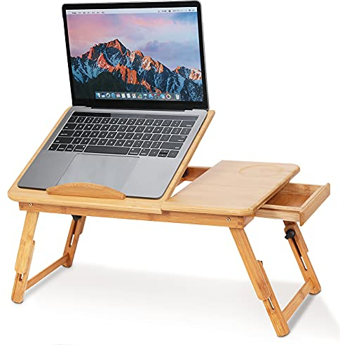 Ausla Laptoptisch Aus Bambus, Notebooktisch Mit Schublade, Klappbarer Frühstückstablett, Höhenverstellbar Laptop Tisch, Zeichentisch Laptops Für Bett, 50x30x20 cm