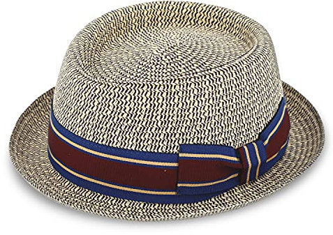 fiebig Wallku Pork Pie Papierhut mit farbigem Ripsband | Sonnenhut aus 100% Papier | Melange Porkpie in vielen Größen (57-M, Marineblau)