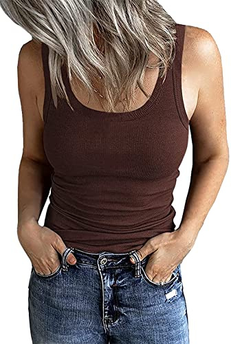 GEMBERA Women's Sleeveless Scoop Neck Ribbed Tank Tops Fitted Basic Cami Tee Shirts, Brown, M